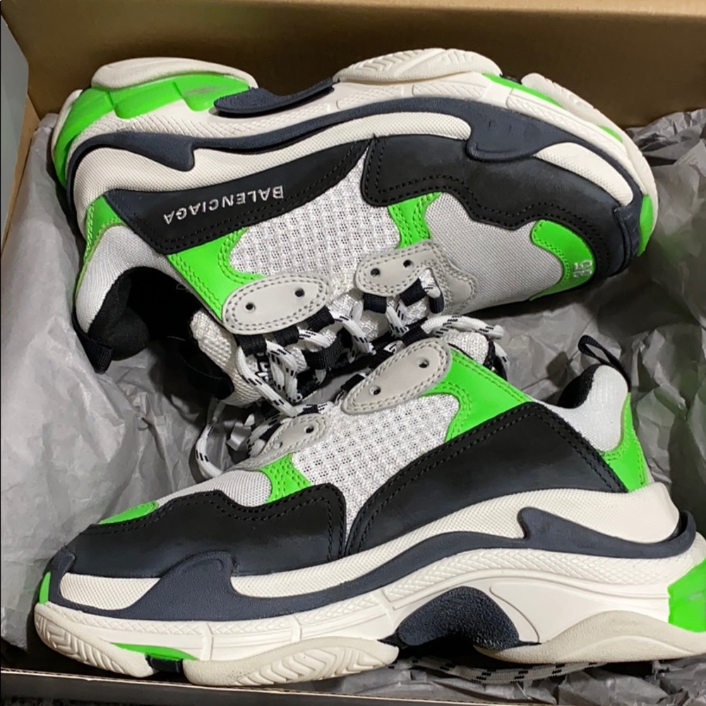 Balenciaga White Black Neon Green Triple S Sneakers